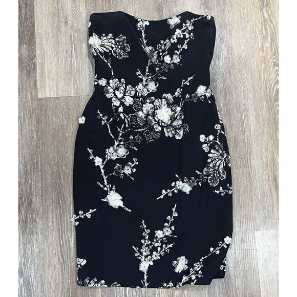 David Meister Sz 4 Black SILK Ivory Lace Floral Strapless Sheath Pencil Dress - Picture 1 of 11